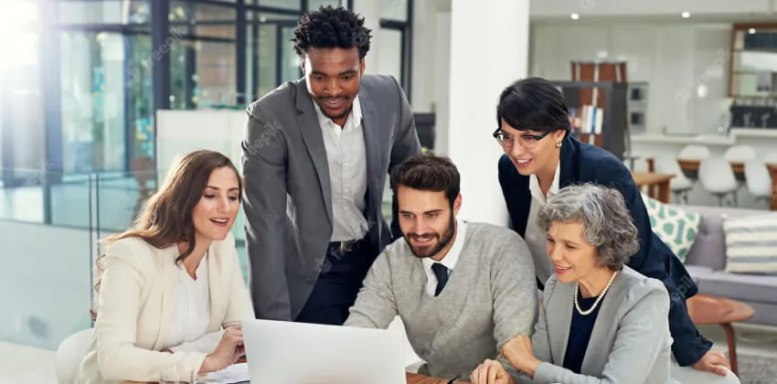 Professional team collaborating around a table